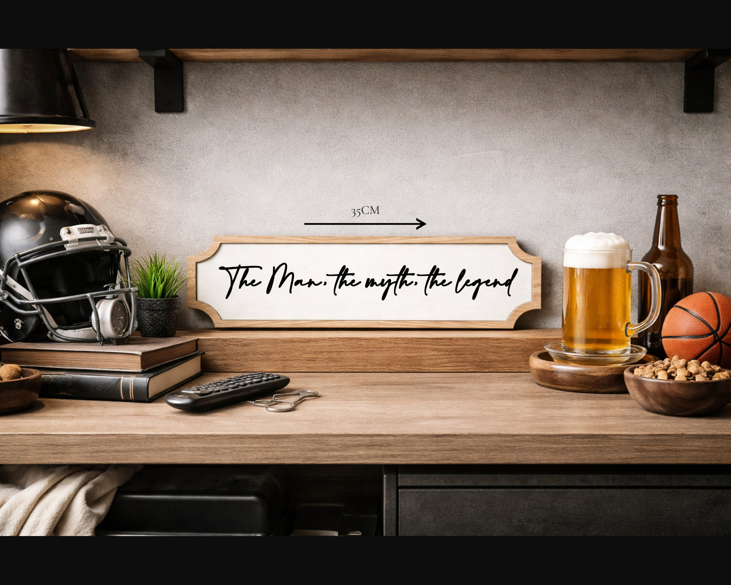 Personalised Man Cave Sign – Custom Name / Quote Sign – Acrylic & Oak 35cm – Father’s Day Gift – Birthday Gift for Dad