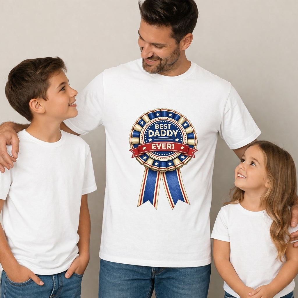 Man wearing a 'Best Daddy Ever' t-shirt with two children standing on either side against a plain background.