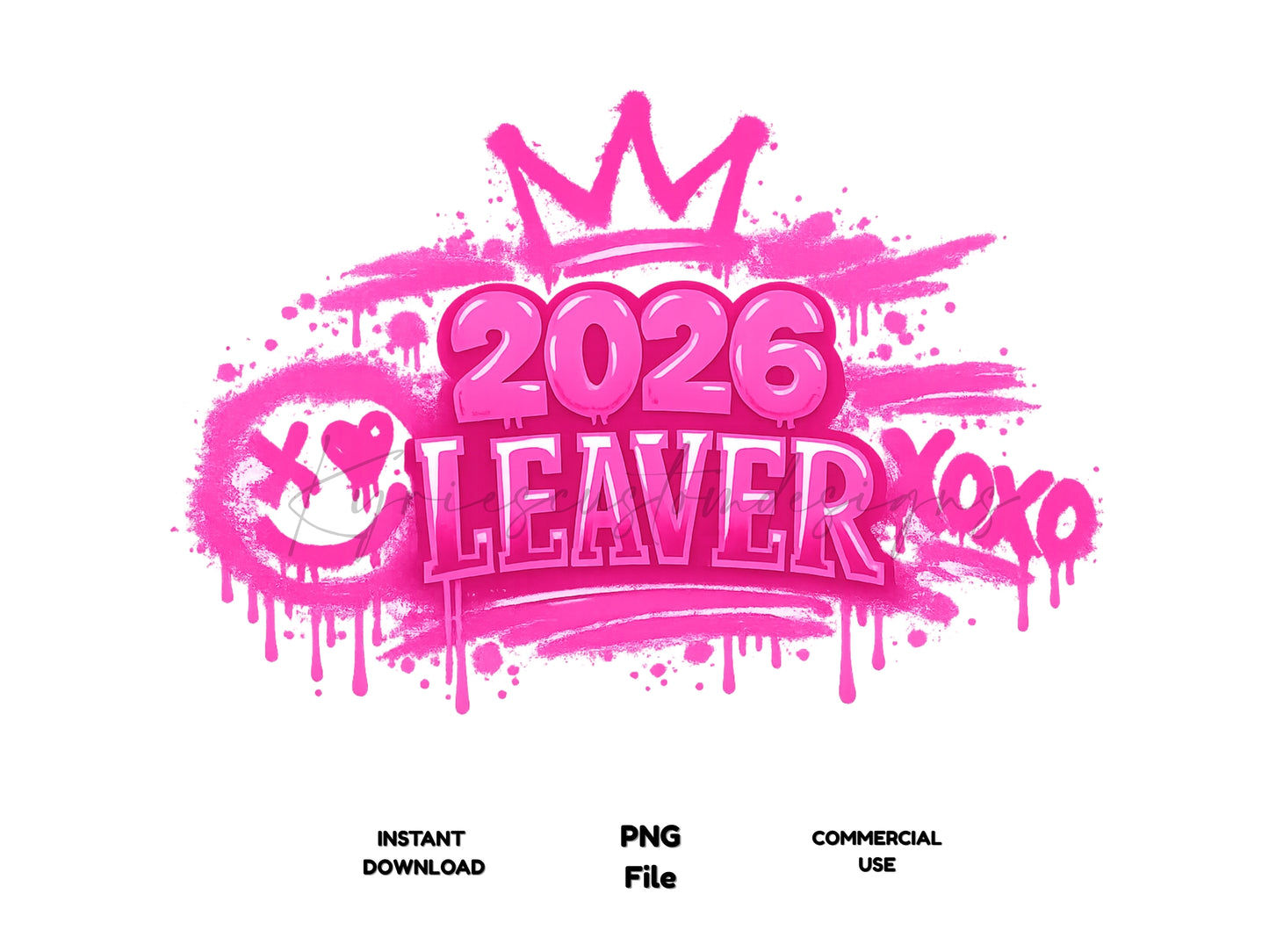 Pink graphic with '2026 Leaver' text and crown on a white background