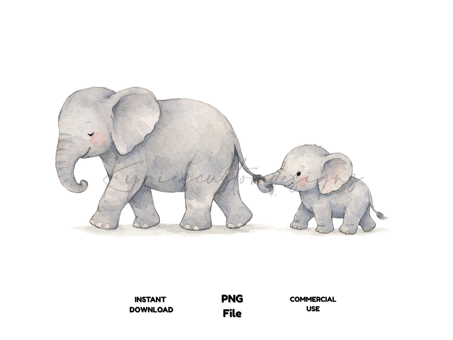 Watercolour Elephant Mum & Baby PNG | Nursery Clipart | Cute Elephant Digital Download | 300 DPI High Resolution | Commercial Use