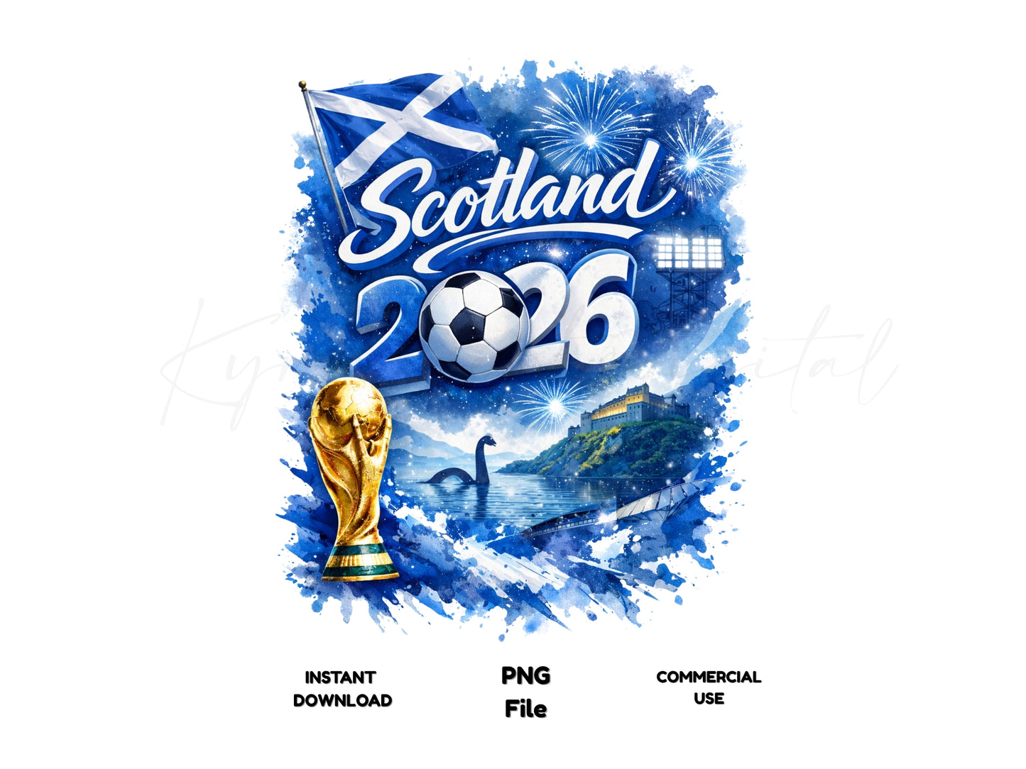 Promotional graphic for Scotland's participation in a sports event in 2026, featuring a flag, trophy, and stadium.