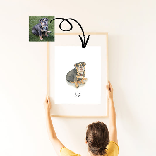Personalised Pet Watercolour Portrait – Custom Digital Illustration, Printed A3/A4, Optional A4 Black Frame