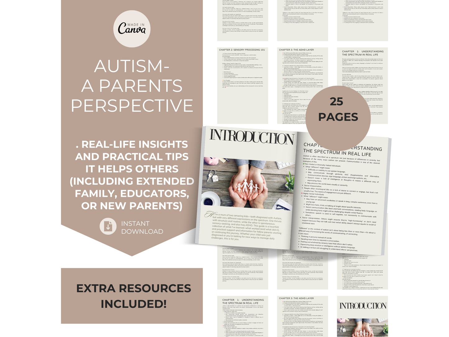 Promotional image for an e-book on autism, displaying text and pages of the e-book with a graphic background.
