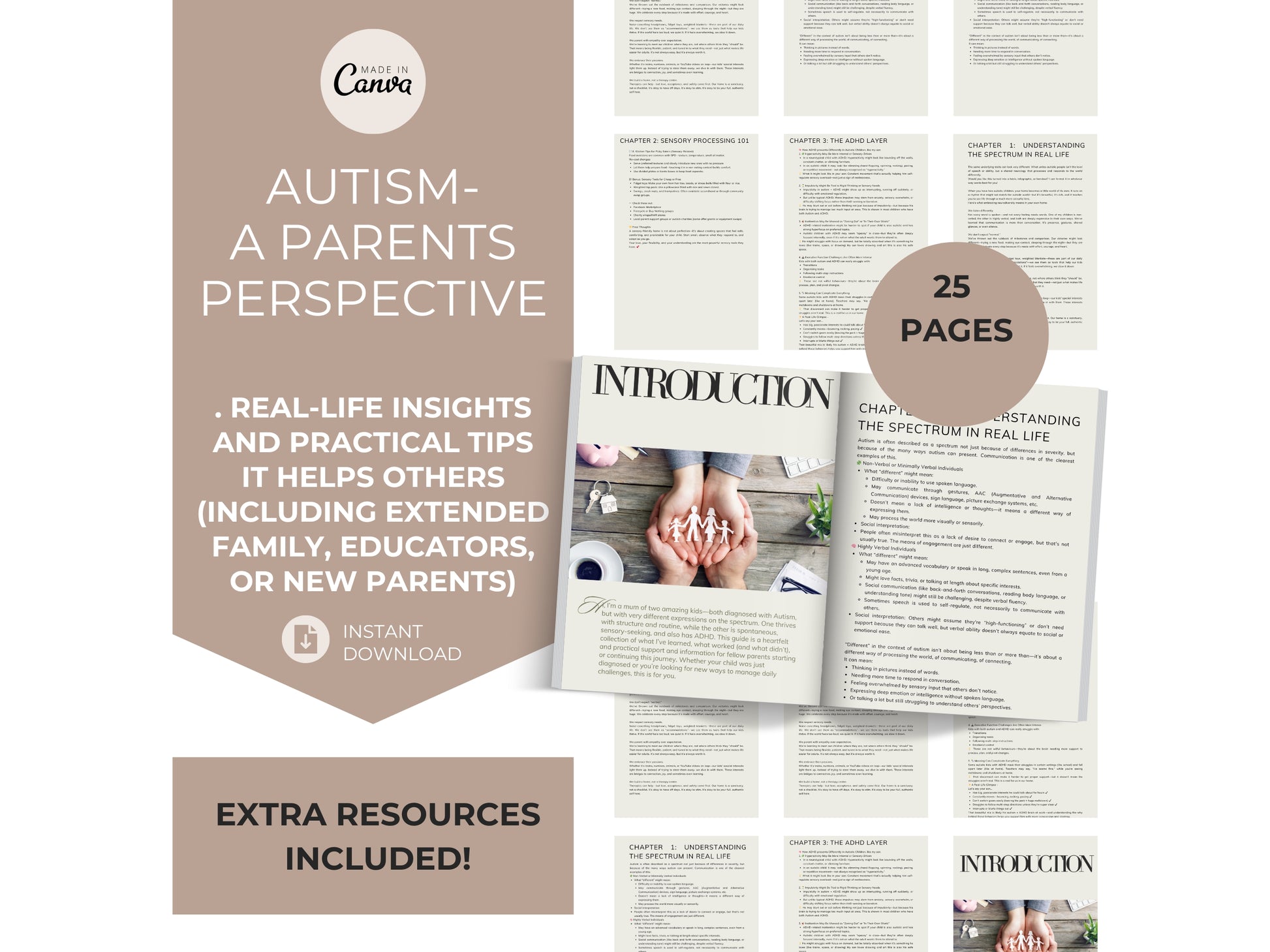 Promotional image for an e-book on autism, displaying text and pages of the e-book with a graphic background.
