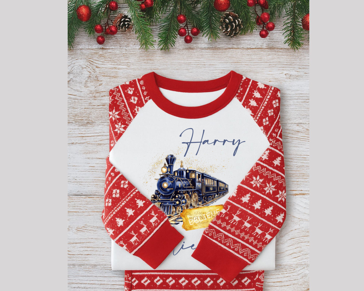 Personalised Polar Express Christmas Pyjamas – Matching Family Red Reindeer PJs (Baby, Kids & Adults)