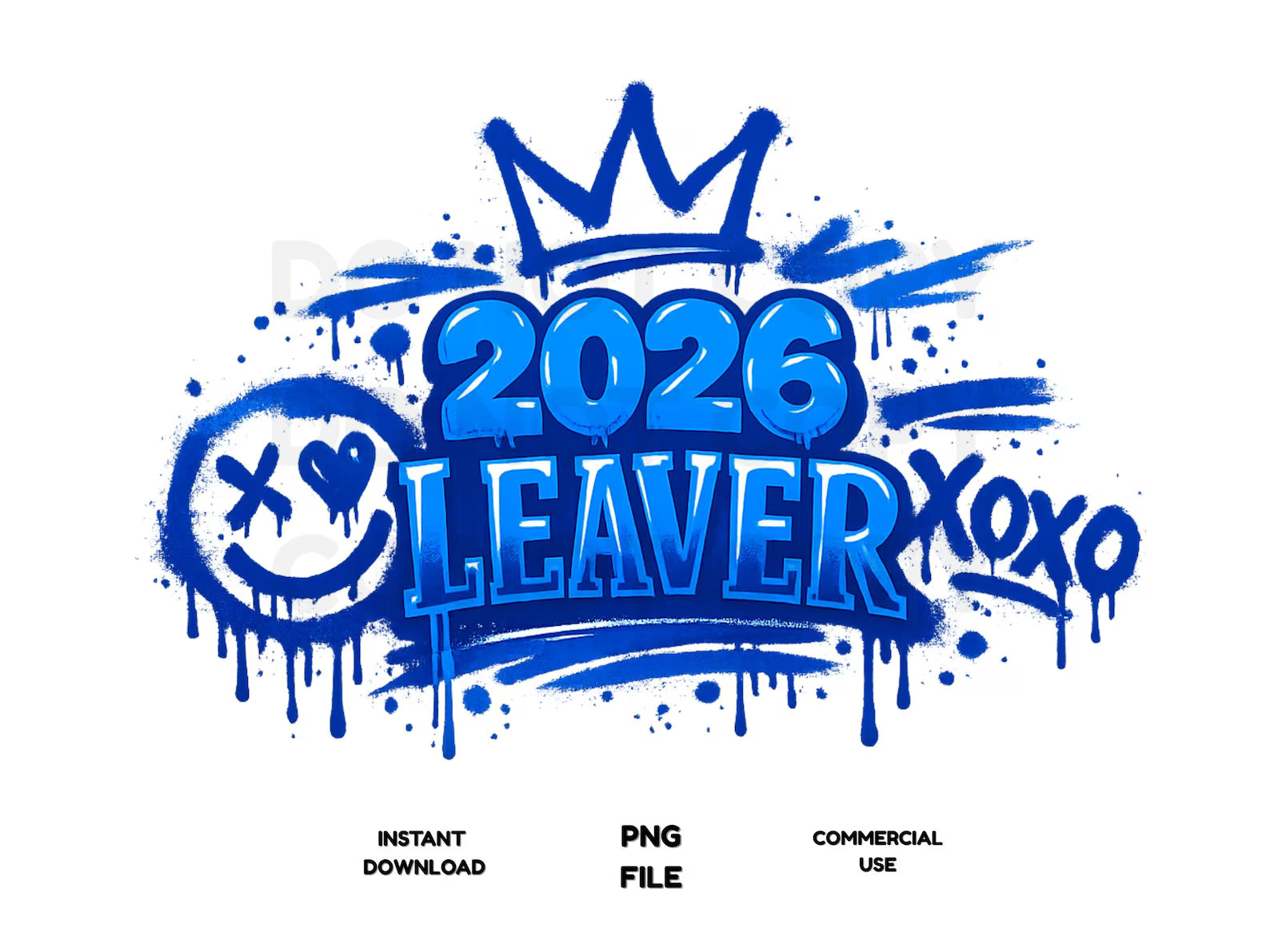 Blue '2026 Leaver' design with a crown and heart on a white background