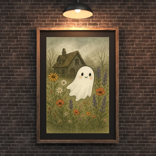 Cute Ghost & Wildflower Illustration Print – Whimsical Cottage core Wall Art- Digital Download