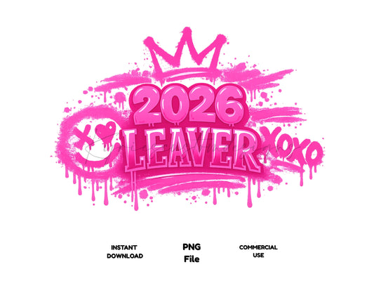 Pink graphic with '2026 Leaver' text and crown on a white background