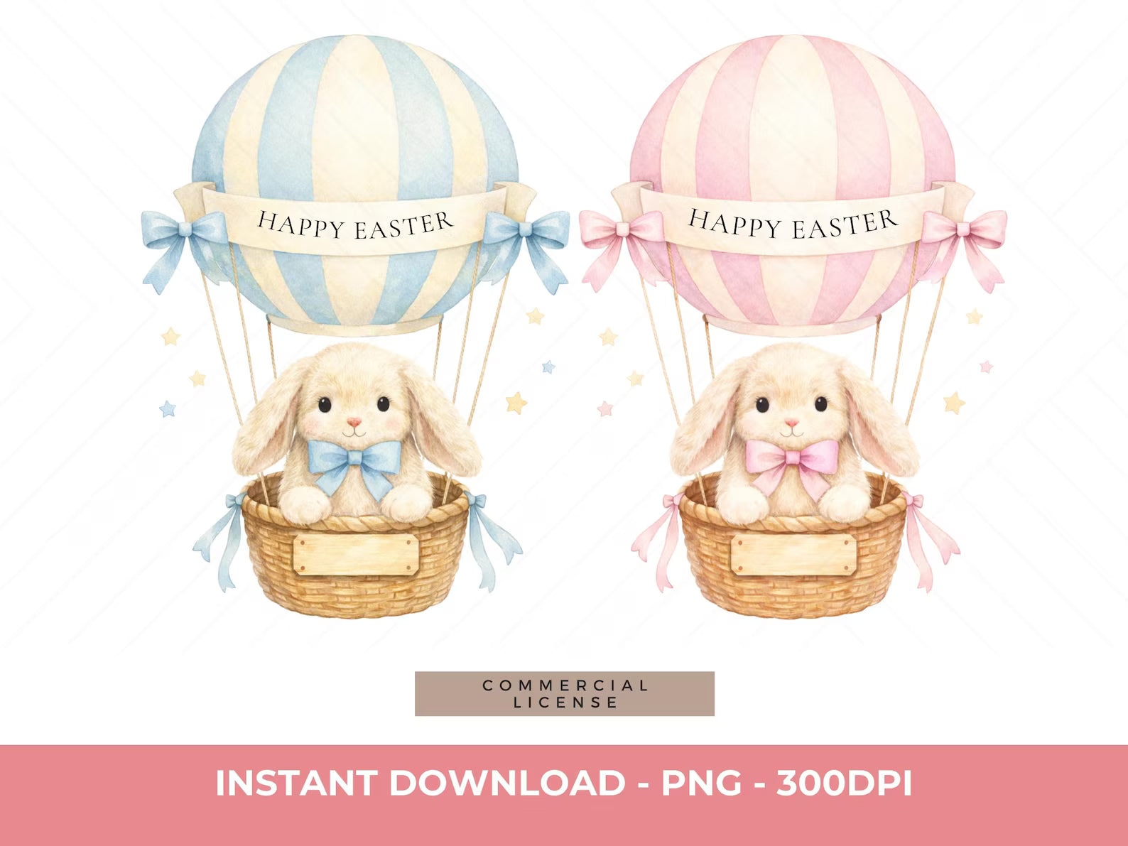 Two Easter-themed hot air balloons with bunnies in baskets on a white background.