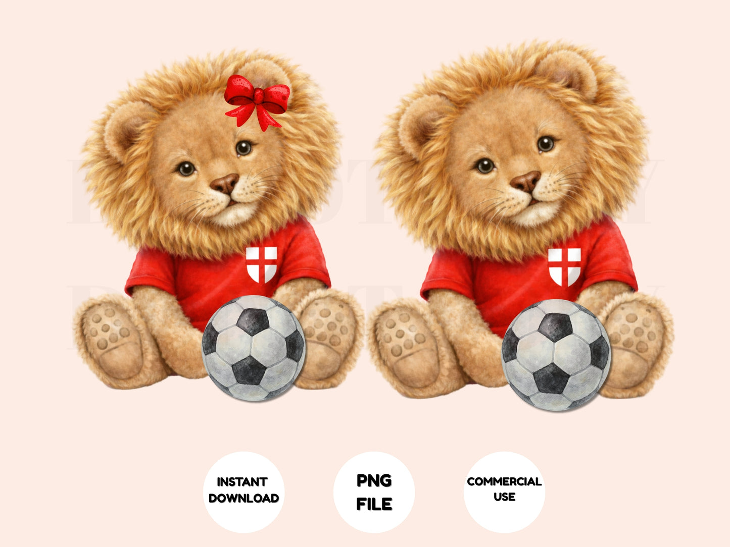Two lion toys wearing red shirts with a soccer ball on a beige background