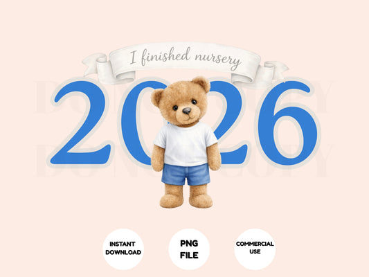 Teddy bear with a shirt and shorts standing between large blue numbers '2026' on a light pink background.