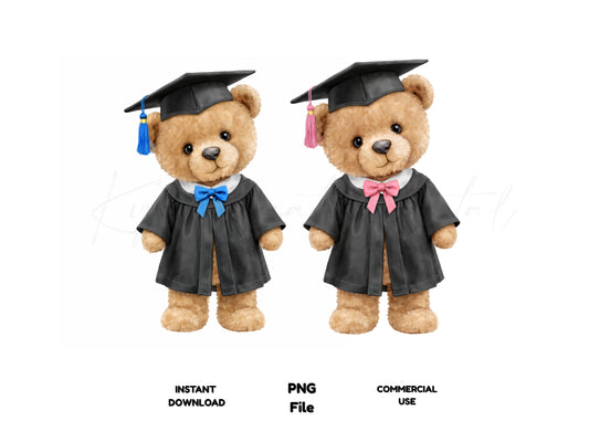Two teddy bears in graduation gowns with caps on a white background