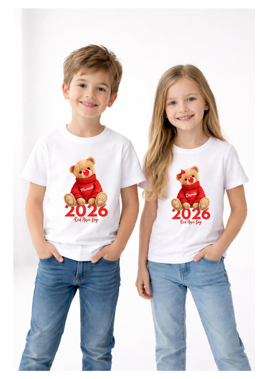 Personalised Red Nose Day Kids T-Shirt – Custom Name Teddy Bear Charity Shirt 2026