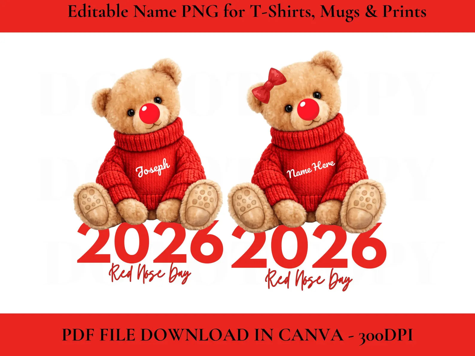Two teddy bears wearing red sweaters with '2026 Red Nose Day' text on a white background.