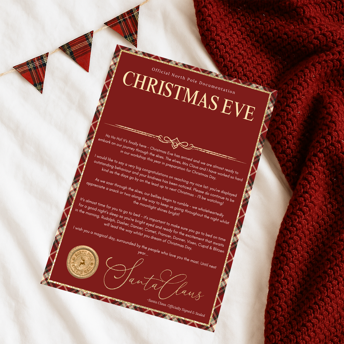 Personalised Christmas Eve letter from Santa- Printed onto Satin Silk Card