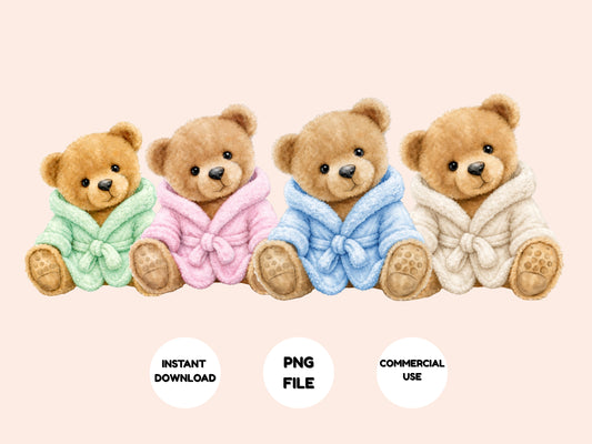 Four teddy bears in colorful robes on a beige background with text indicating file type and use.
