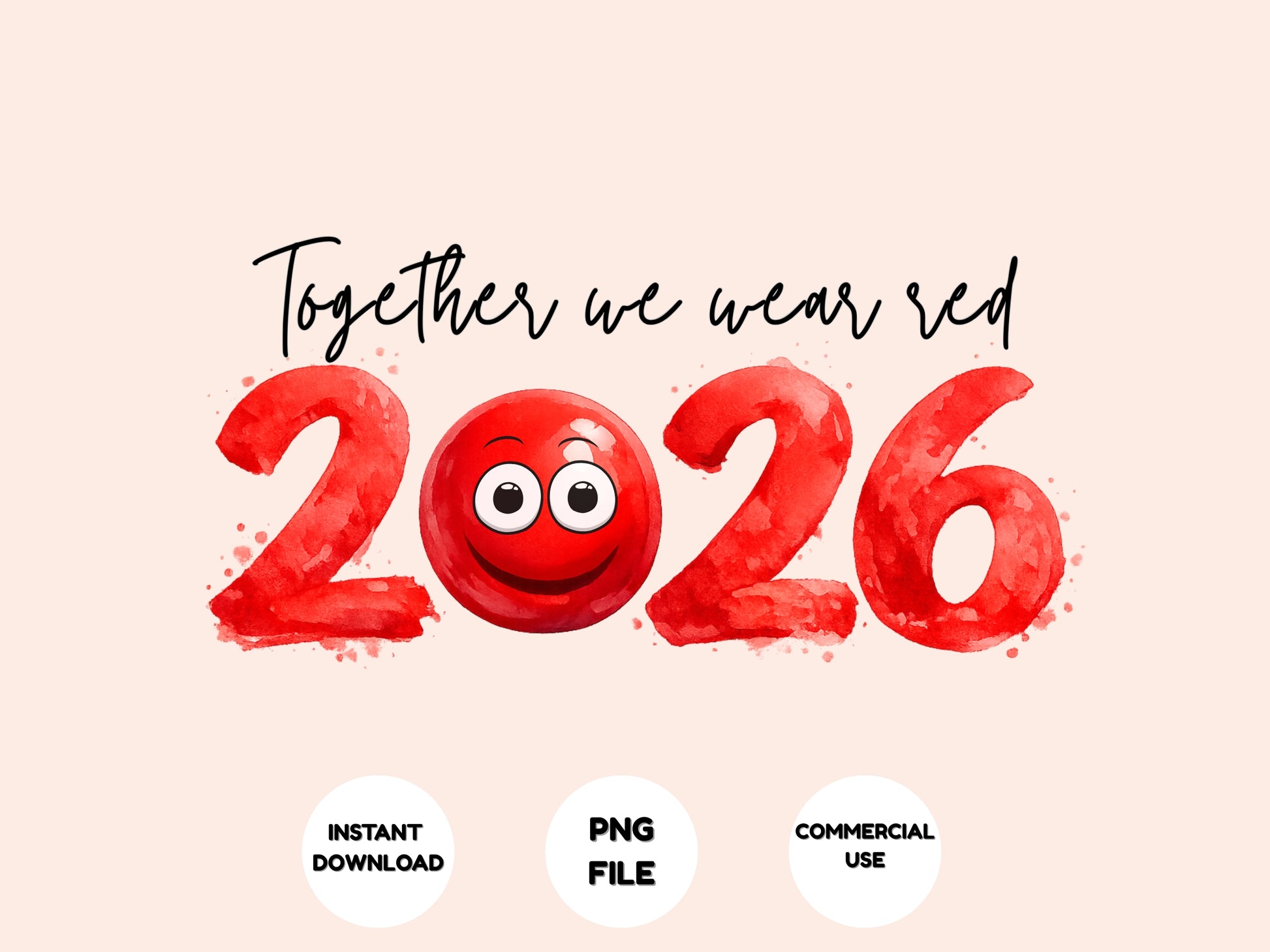 Red emoji with '2026' text on a beige background, featuring the text 'Together we wear red 2026'.