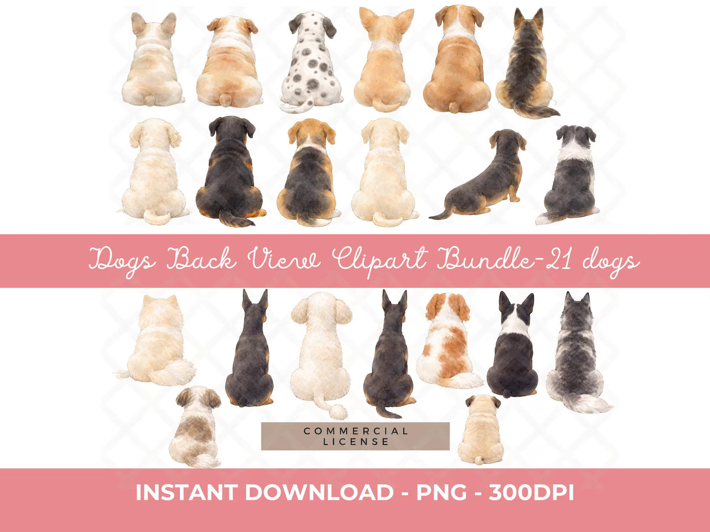 Back view clipart bundle of 21 dogs with a pink banner and text.