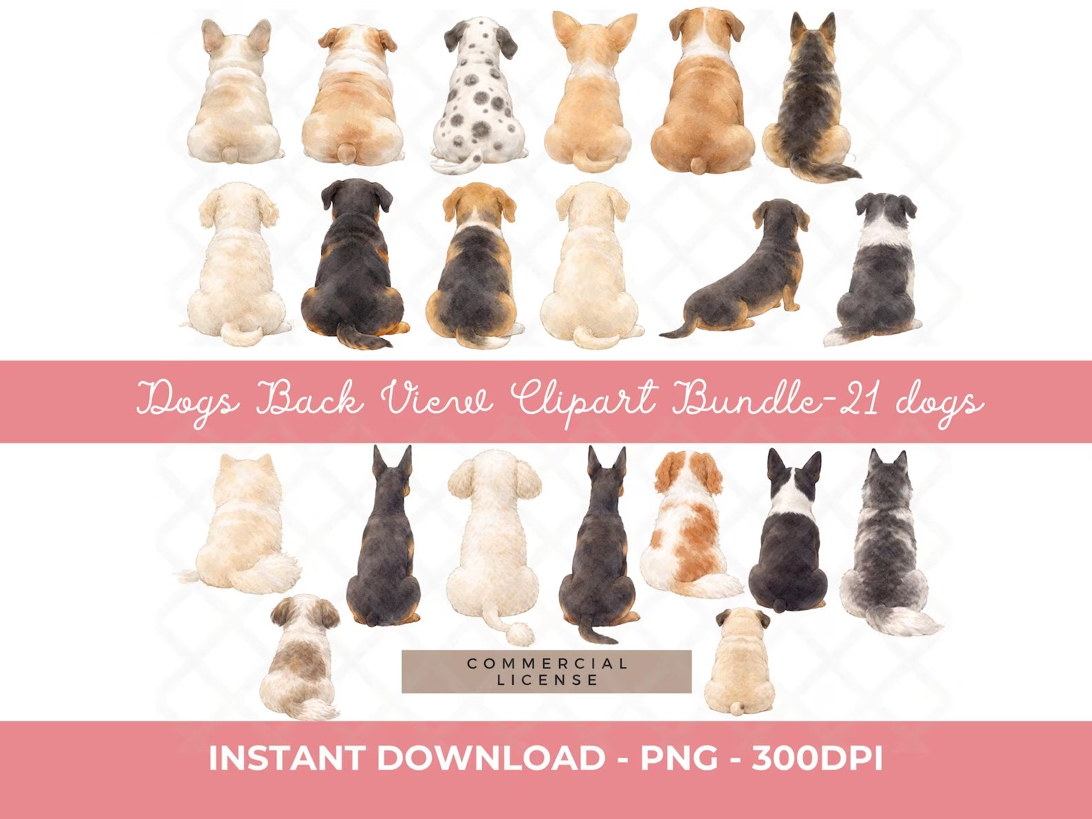 Back view clipart bundle of 21 dogs with a pink banner and text.