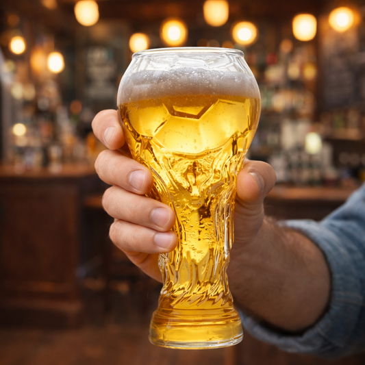 Hand holding a glass of beer with a blurred bar background