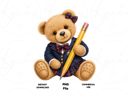 School Girl Teddy Bear PNG for Sublimation and Commercial Use
