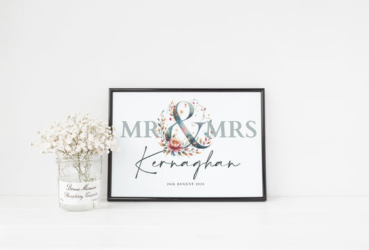 Personalised Mr & Mrs Watercolour Effect Wedding Print