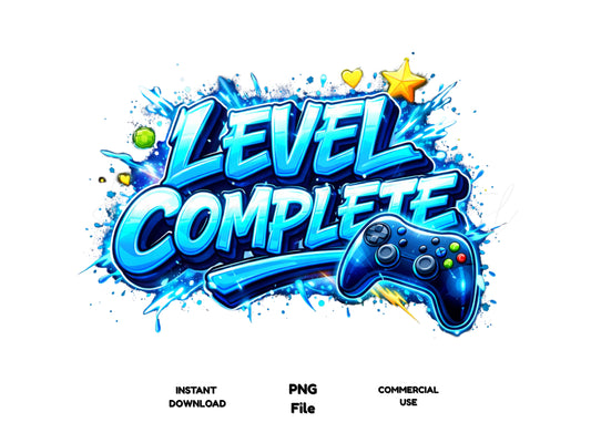 Gameover screen with 'Level Complete' text and gaming controller on a white background
