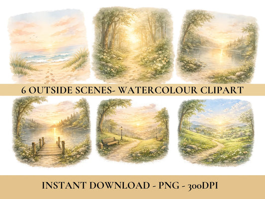 Watercolour Outdoor Scenes Clipart PNG Bundle | 6 Landscape Designs
