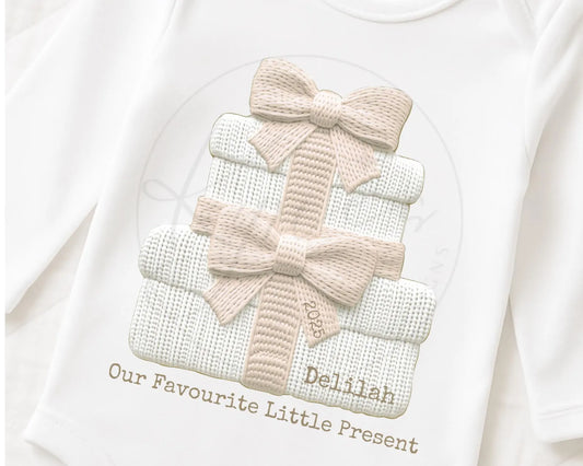 Personalised Baby Onesie – ‘Our Favourite Little Present’ with Stacked Gift Design"