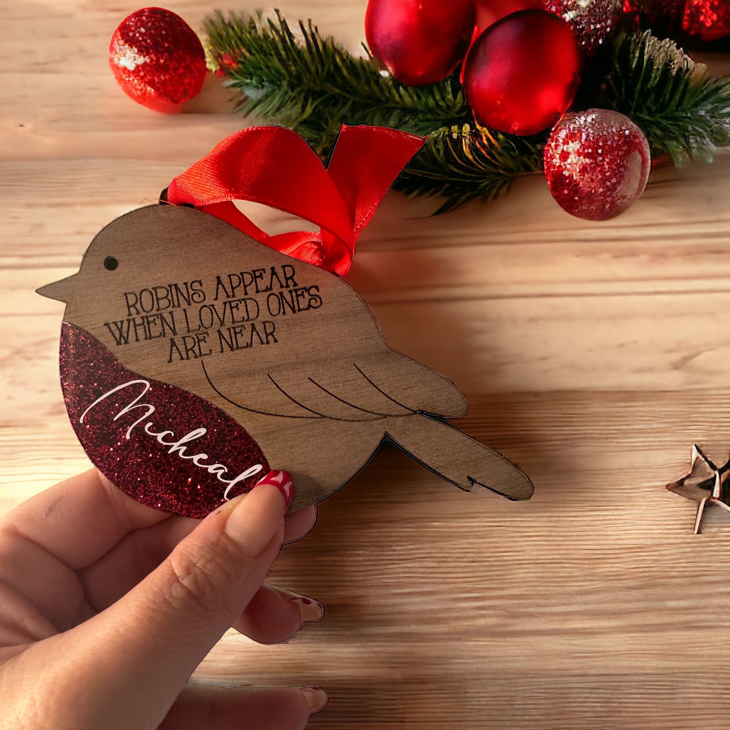 Personalised When Robins Are Near Bauble