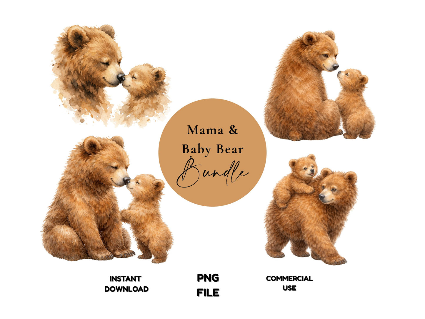 Collage of mama bear and baby bear illustrations with a central circular logo.
