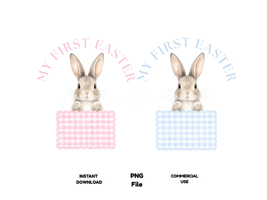 Two Easter-themed images of bunnies in baskets with text 'My First Easter' on a white background.
