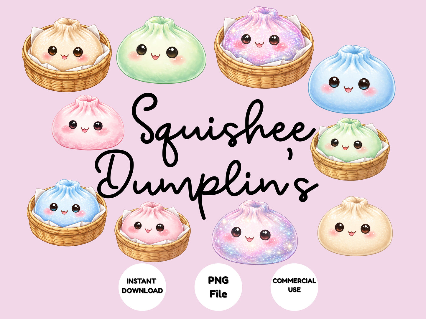 Squishy Dumpling Clipart – Cute Kawaii PNG Bundle (Commercial Use)